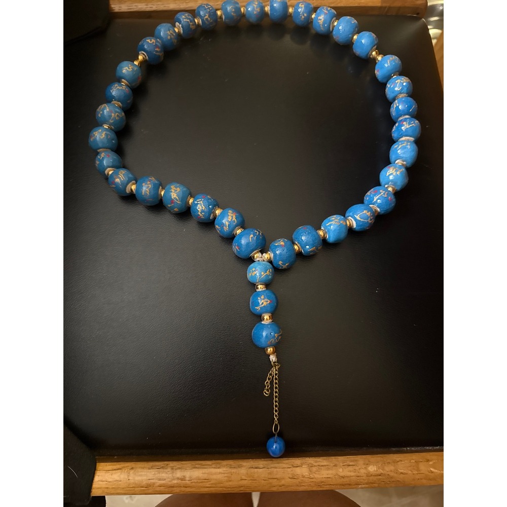 Blue Hand Painted Wooden Bead Necklace Gold Calligraphy Boho Statement Jewelry